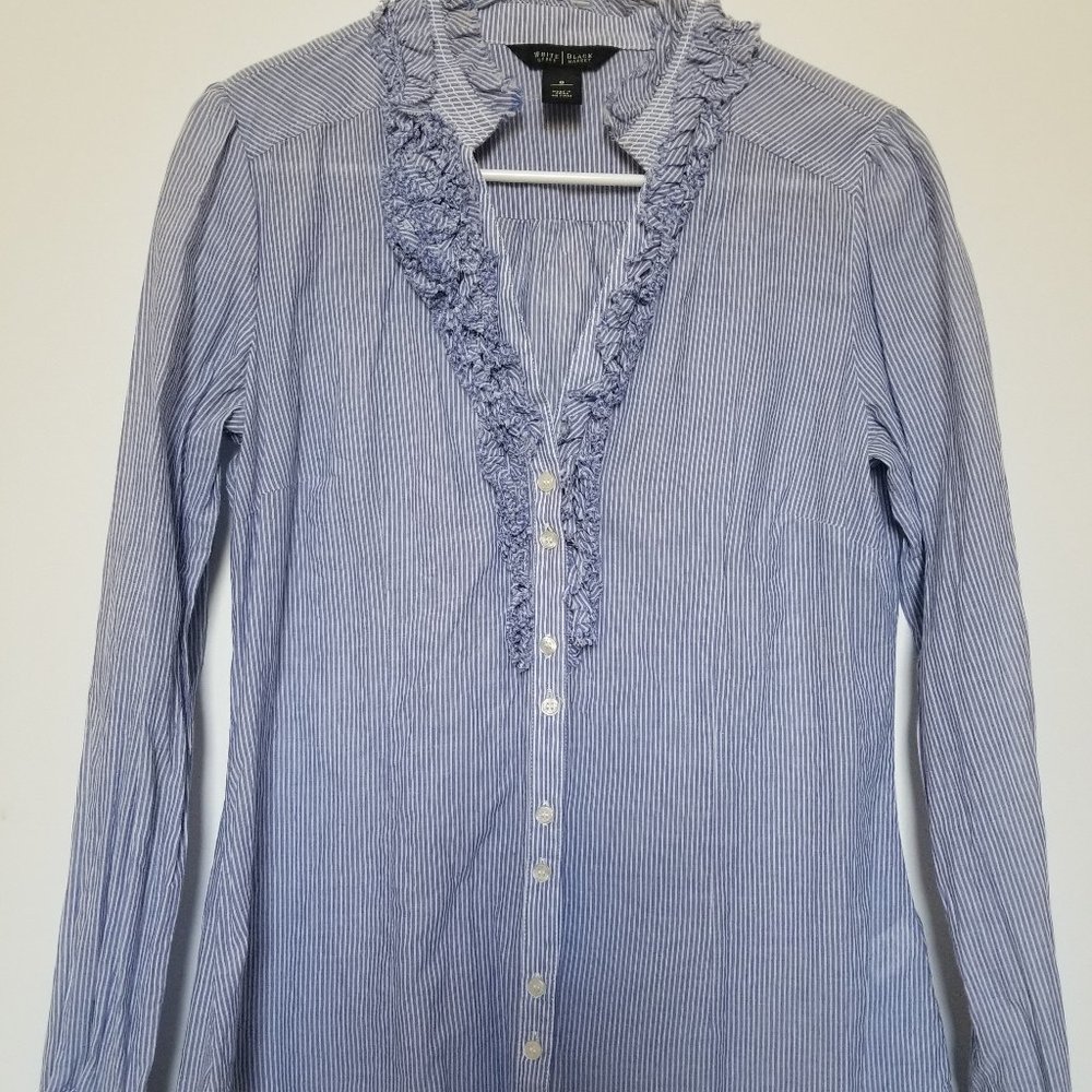 White House Black Market Blue and White Pinstripe Top, Size 6